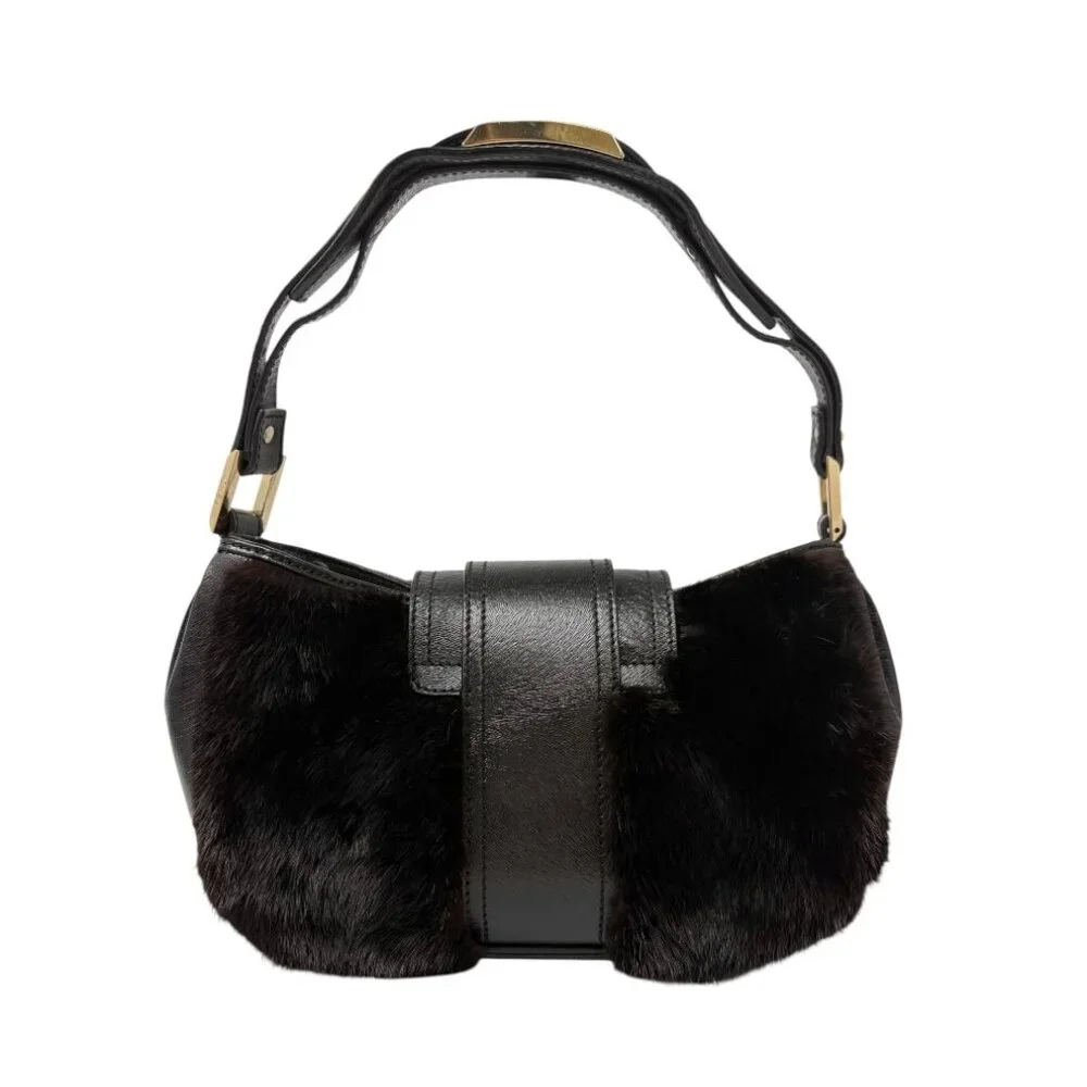 FENDI Vintage Logo Fur Baguette Mini Shoulder Bag Handbag Black Gold [106345] - Picture 6 of 13